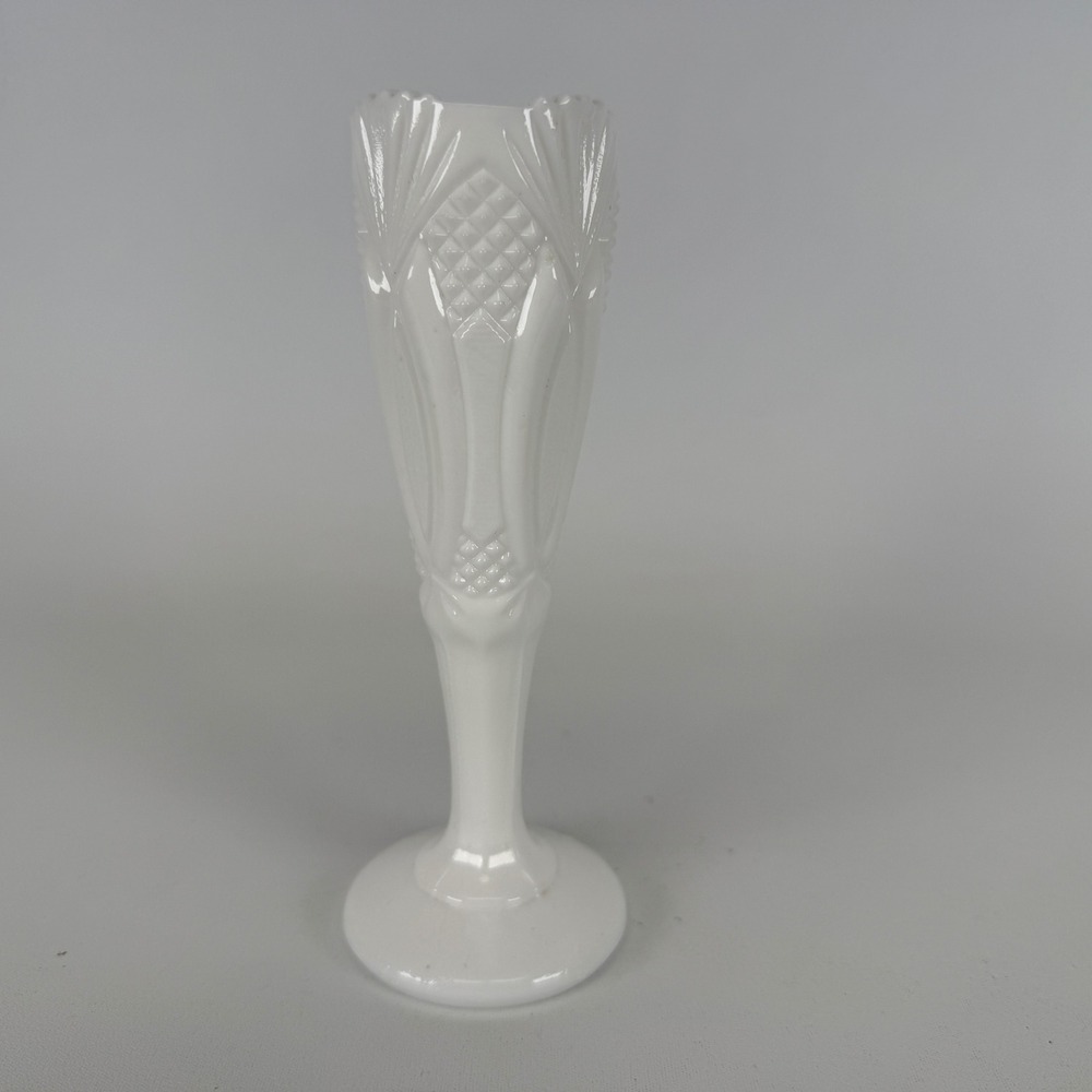 Vintage Milk Glass Bud Vase Pressed Diamond Fan Pattern Scalloped Rim 6.25 Inch